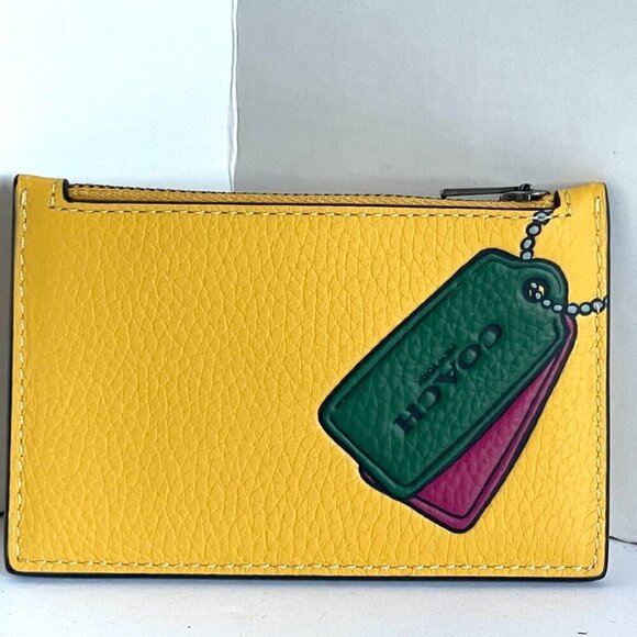 Coach Zip Card Case Wallet Yellow Pebbled Leather Slim Trompe L'oeil CH130 - Picture 6 of 6